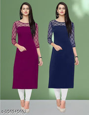 Polyster/Crepe fabric-Pack of 1 Casual And Round-Neck 3/4 Length Sleeves Wine & Navy Blue Kurti (42"Inches)