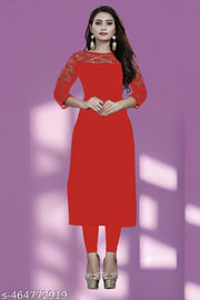 Casual American Crepe and Round Neck 3/4 Legnth Sleeve Red Kurti (45"inches)