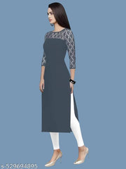 Casual American Crepe And Rasal Net Round Neck And 3/4 Sleeves Stylish Kurti For Womans