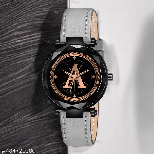 Talgo Analog Round Black Dial ALPHABET A Design Stylish Grey Leather Strap Classic Design Fancy Wrist Watch for Women and Girls, Pack of 1 - ALP-A-GEN-BK-GRY-L