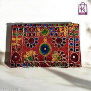 NAKASA Women's Jaipuri Handmade Damru Embroidery Small Red Clutch Cum Sling Bag