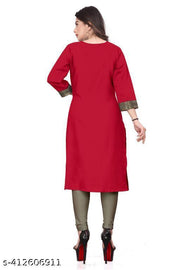Yova Style Plain Regular Use Cotton Straight Golden Zari Border Woven Lace Work Kurta Kurti for Women