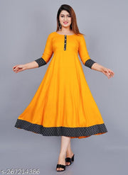 Stylist Women's Solid Printed Round Pleated Flared Kurti (Mustard)