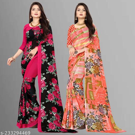 Women's Floral Printed Saree Combo Pack with Unstitched Blouse Piece ( Pack Of 2 )