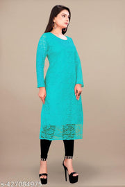 Trendy Light Sky Blue Designer Net Kurti | Light Sky Blue Net Kurti for Women | Designer Embroidered Partywear Kurti
