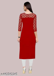 Polyster/Crepe fabric-Casual And Round-Neck 3/4 Length Sleeve Red Kurti (45"Inches)