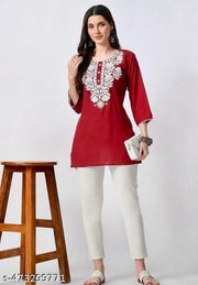 Women's Cotton Top Tunic Hand Embroidered Lucknowi Chikankari Short Kurti