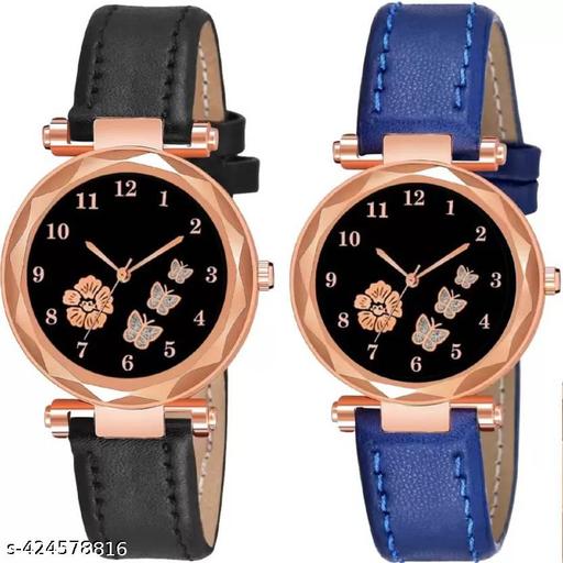 New Latest Designer Printed Dial Black and Red Leather Strap For Girls