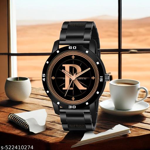FEMEO WATCHES Analog Round black Dial ALPHABET R Design Stylish black Strap Classic Design Fancy Watch for Men and Boys, Pack of 1 ALPHABET R-AVO-BLK-CDBLK-1
