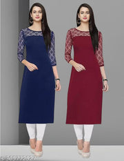 Pack of 1 Casual American Crepe And Net Round-Neck 3/4 Length Sleeves Navy Blue & Maroon Kurti (42"Inches)