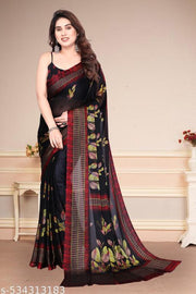 Women's Chiffon Saree with Floral Print and Designer Border