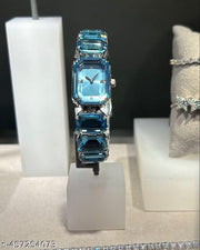 EFS Fashion Brand Wrist Watches Women Girl Beautiful Rectangle Colorful Gems Design Steel Metal Band Clock S72 02 - Blue Silver Crystal