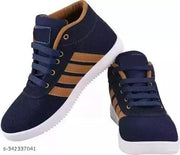 Navy Blue Solid High Ankle Shoes For Men
