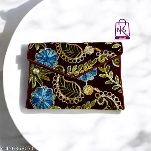 NAKASA Women's Kashmiri Handmade Flower Embroidery Small Maroon Clutch Bag