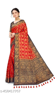 NEW BANARASI SILK SAREE WITH UNSTICHED TASSELS & LATKAN
