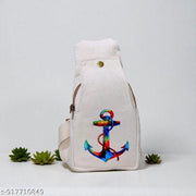 Beige Hemp Sling Bag with Cute Purple Berry Cartoon Print & Colorful Anchor Design | Eco-Friendly Crossbody Backpack for Men Women | Adjustable Shoulder Travel College Casual Bag
