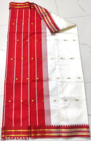 Women's White Kanjeevaram Silk Saree With Red and Golden Border | Kanjeevaram Saree | Silk Saree | Women's Saree | Saree | Ethnic Wear For Women | Bengali Saree