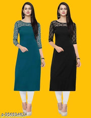 Polyster/Crepe fabric-Pack of 1 Casual And Round-Neck 3/4 Length Sleeves Rama & Black Kurti (42"Inches)