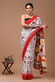Traditional Women's Summer Special Jaipuri Hand Block Printed Pure Cotton Mulmul Saree with Unstitched Blouse Piece | best for office wear | best for navratri | best for festivel