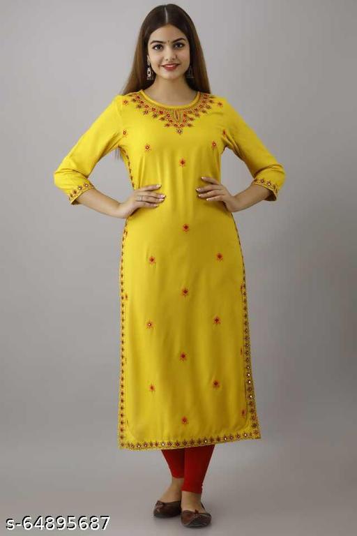 Embroidered Yellow Rayon kurti