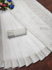 Top trending latest simple plain party wear/wedding Women's Jacquard Rapier Weaving White Cotton Silk Saree with Silver Zari Border & Rich Pallu | Premium Traditional Festive Wear Saree