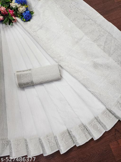 Top trending latest simple plain party wear/wedding Women's Jacquard Rapier Weaving White Cotton Silk Saree with Silver Zari Border & Rich Pallu | Premium Traditional Festive Wear Saree