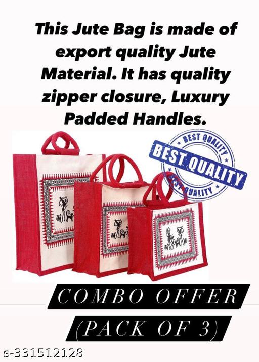 Printed Eco-Friendly Tribal Canvas Print Jute Bag/Shopping Bag/Grocery Bag with Zip Closure (red), Pack of 3