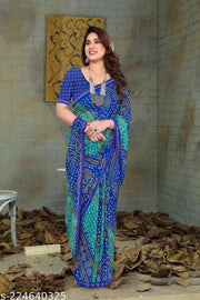 Blue bandhani saree with Lace Border, Comfortable Georgette Printed Daily Wear Saree with unstitched Blouse Piece, New Arrival Latest saree, Trending Saree