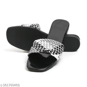 Sosu Women Stylish Black Silver Woven Sliders | Designer Flat Slippers for Women | Trendy Party Wear Fancy Sandals | Comfortable Daily Wear Slides | Lightweight Fashion Chappal