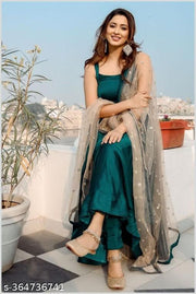 Green Solid Anarkali Kurta With Dupatta (Set of 2)