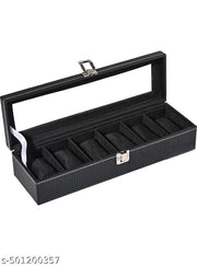 Watch Box Holder Case in 6 slots  Black Rexine & Black velvet (Black, case 6 Watches)