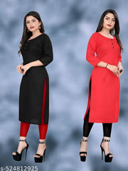 Plain Ethnic Pack of 2 American Regular Fit Kurta Round Neck New Stylish Casual Crepe Fabric Kurti For Women