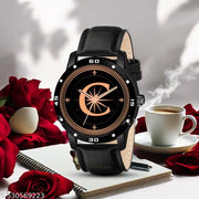 Femeo Analog 9112 Watches Round Black Dial C Design Stylish Black Leather Strap Classic Design Fancy Wrist Watch for Men and Boys, Pack of 1 - A07ZALPHA-C-AVO-BLK-L