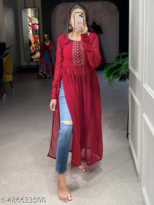 Naira Style Georgette Fabric Embroidered Kurti Best For Office Work,festive