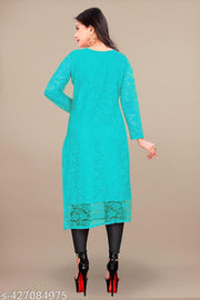 Trendy Light Sky Blue Designer Net Kurti | Light Sky Blue Net Kurti for Women | Designer Embroidered Partywear Kurti