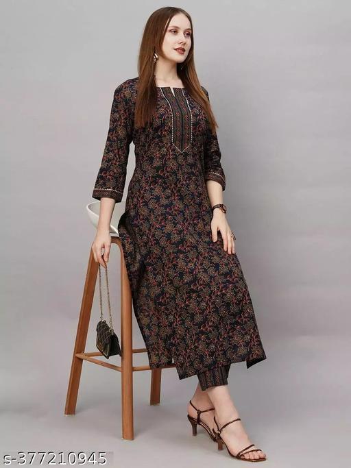 Cotton Kurtis Women's Blue Printed Cotton Kurti Set kurta set (kurta set under 300)