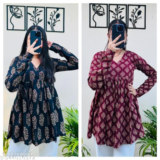Girls Trending Anarkali Urf Aliacut Printed Short Kurti With COMBO (Pack of 2)