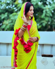New Green Georgette Saree – Smooth Material with Beautiful Pink Lace Embroidery and Cotton Latkan – Perfect for Festive Events!