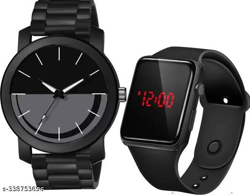 Watch Combo BUY 1 GET 1 FREE Set Of 2 Analog Black Rubbers Strap And With Led Digital Watch For Boy Analog Watch - For Boys