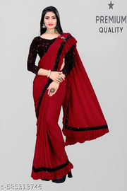 Red Lycra Saree with Sequins Work Blouse | Modern Ruffle Saree for Women