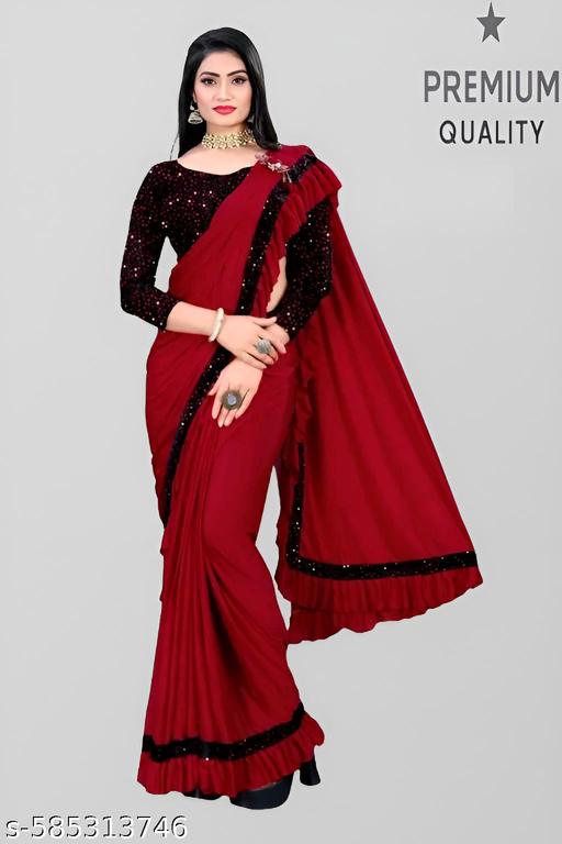 Red Lycra Saree with Sequins Work Blouse | Modern Ruffle Saree for Women
