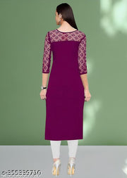 Polyster/Crepe fabric-Casual And Round-Neck 3/4 Length Sleeves Wine Kurti (42"Inches)