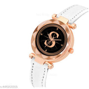 Skoal Analog Round Black Dial ALPHABET S Design Stylish White Leather Strap Classic Design Fancy Wrist Watch for Women and Girls, Pack of 1 - ALPHA-S-GEN-RG-WHT-L