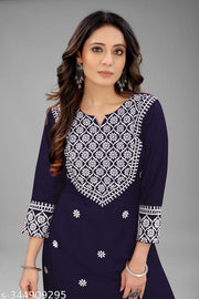 Women Embroidered Cotton Rayon Straight Kurta  (navy Blue)