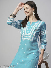 J.B.SQUARE's  Women's Sky Blue Cotton Slub Straight Chikankari Embroidered Kurta