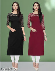 Polyster/Crepe fabric-Pack of 1 Casual And Round-Neck 3/4 Length Sleeves Black & Maroon Kurti (42"Inches)