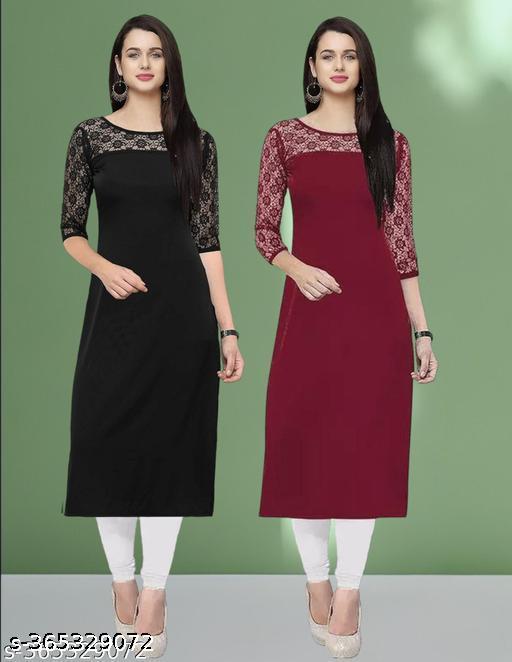Polyster/Crepe fabric-Pack of 1 Casual And Round-Neck 3/4 Length Sleeves Black & Maroon Kurti (42"Inches)