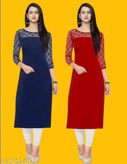 Pack of 1 Casual American Crepe And Net Round-Neck 3/4 Length Sleeves Navy Blue & Red Kurti (42"Inches)