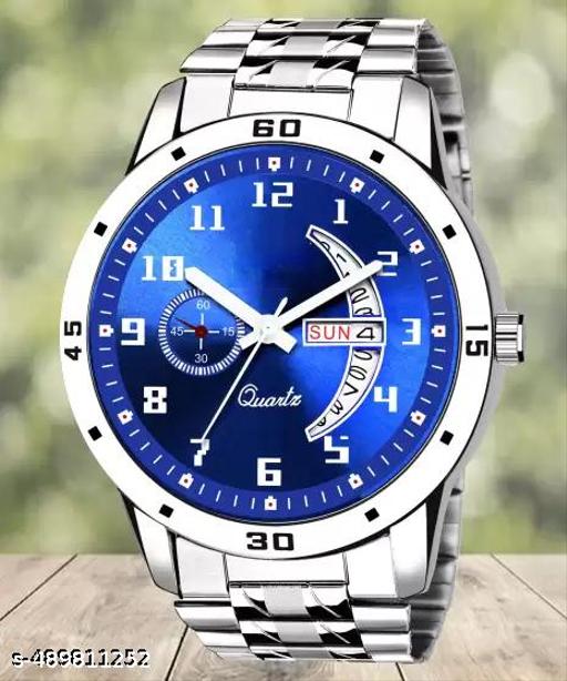 Blue dial day and date function working analog sports watch for mens and boys(metal belt day and date watch for mens)