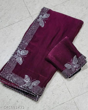 Women's Hot Fixing Stone Work Butterfly Design Saree with Unstitched Blouse Piece.